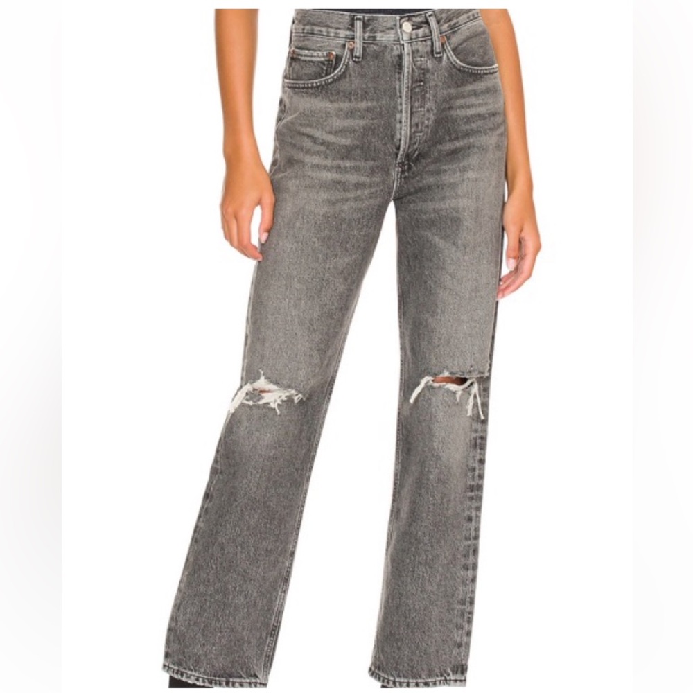 Agolde 90’s Mid Rise Loose Jeans Washed Black Ripped Denim - Picture 2 of 6